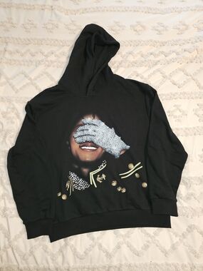 Black Graphic Hooded Sweatshirt with Sequin Glove Design